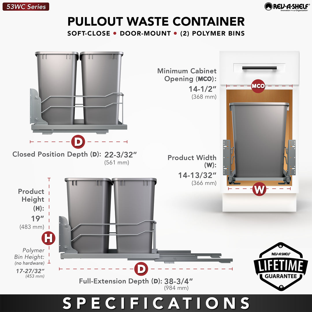 Rev-A-Shelf Double Pullout 35 qt. with Soft-close, 53WC-1835SCDM-217