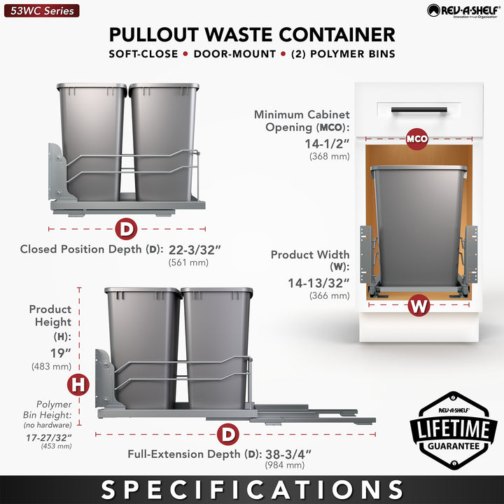 Rev-A-Shelf Double Pullout 35 qt. with Soft-close, 53WC-1835SCDM-217