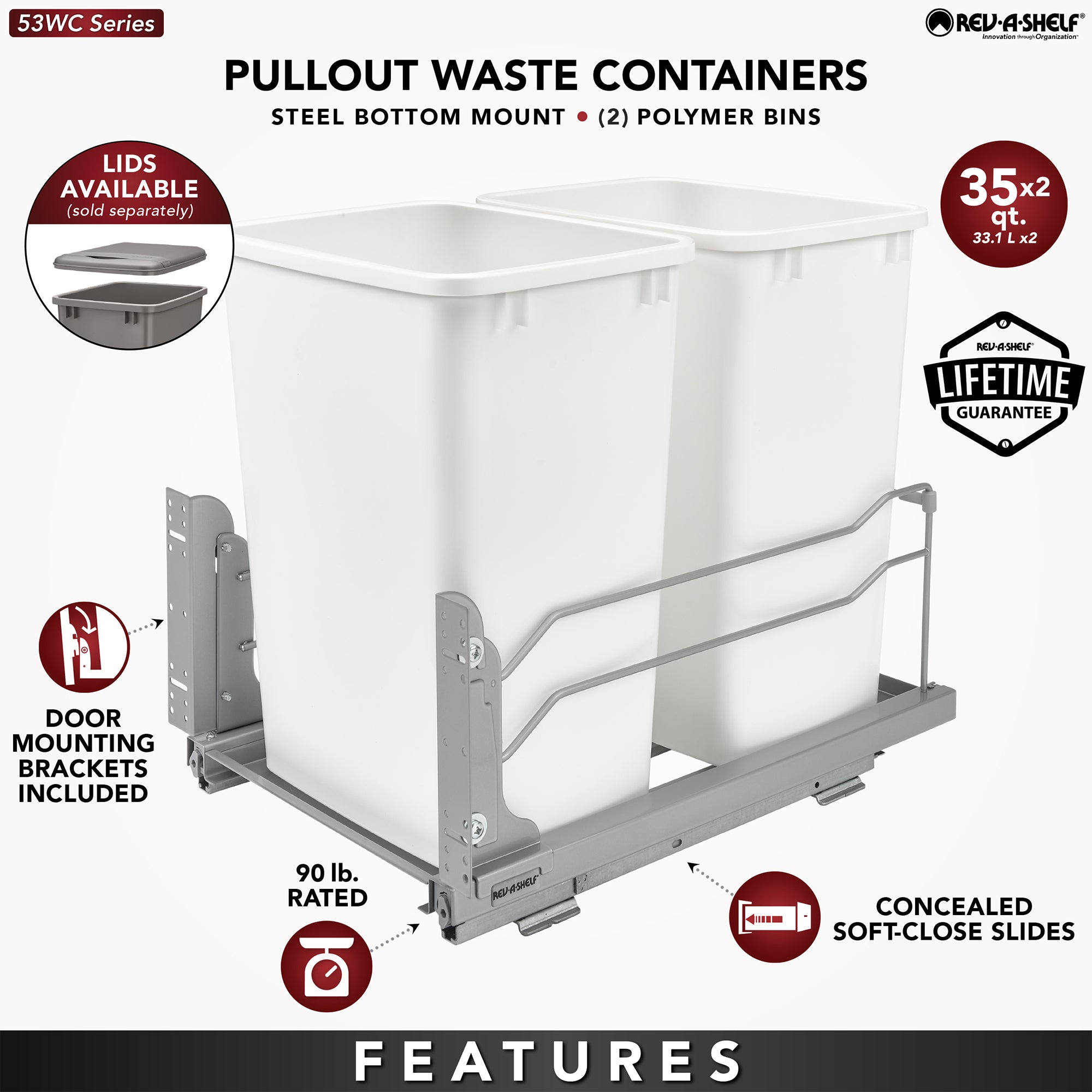Rev-A-Shelf Double Pullout Trash Cans & Single Lid, 35 qt. w/ Soft-close, Silver - VMInnovations