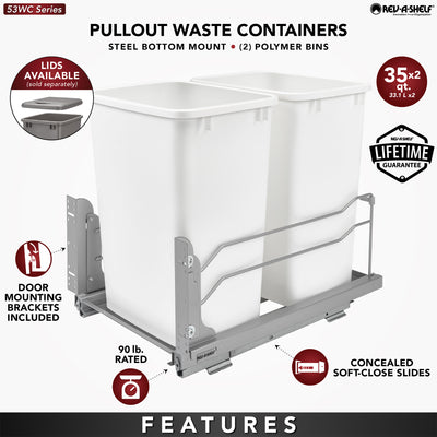 Rev-A-Shelf Double Pullout Trash Cans & Single Lid, 35 qt. w/ Soft-close, Silver - VMInnovations