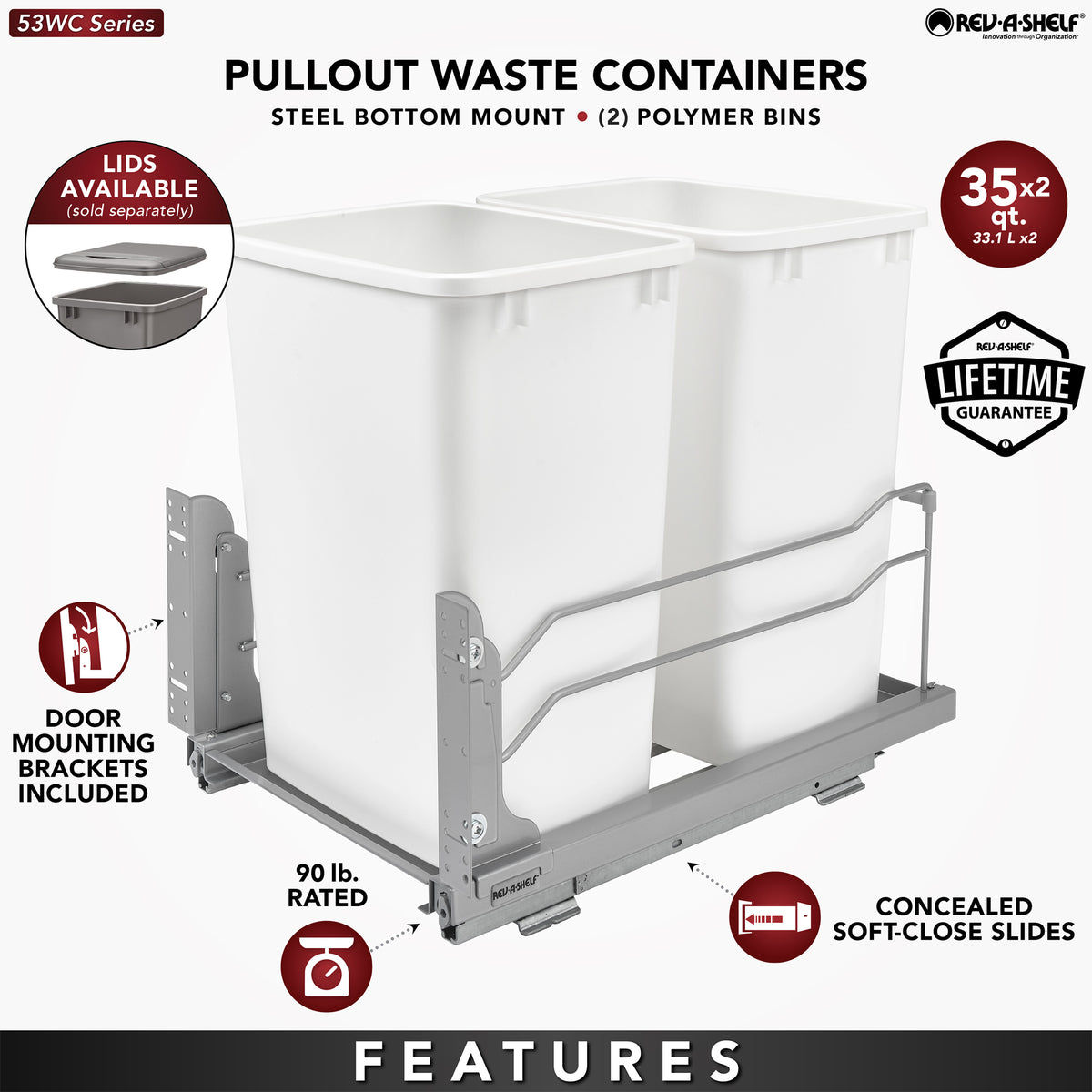 Rev-A-Shelf Double Pullout Trash Cans & Single Lid, 35 qt. w/ Soft-close, Silver