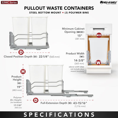 Rev-A-Shelf Double Pullout Trash Cans & Single Lid, 35 qt. w/ Soft-close, Silver