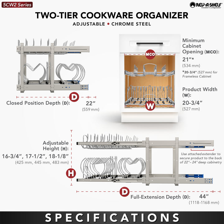 Rev-A-Shelf Pullout Cabinet Pot and Pan Organizer, 21" Width, 5CW2-2122-CR