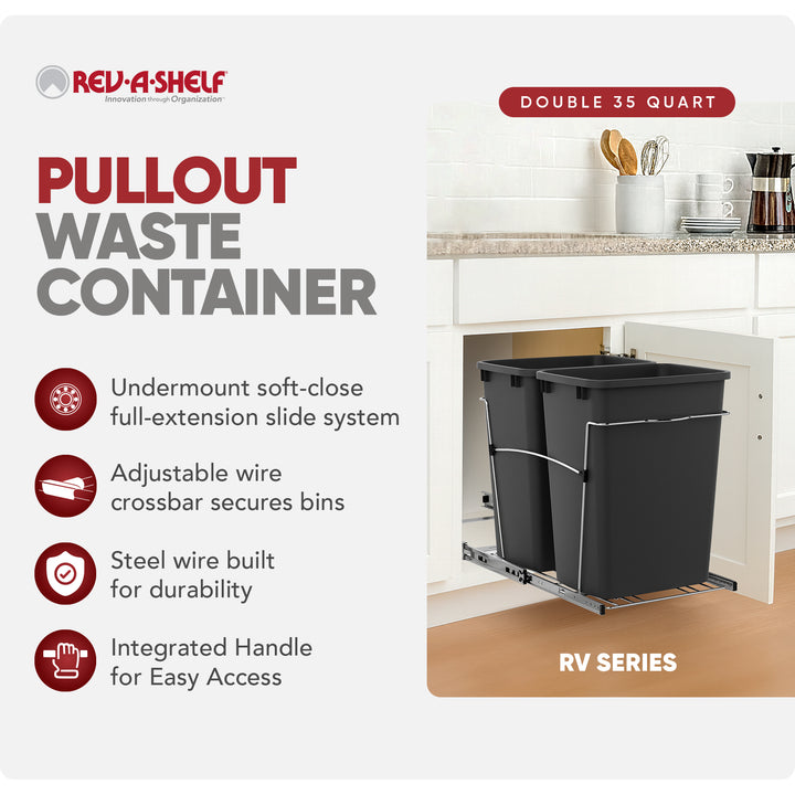 Rev-A-Shelf Double Pullout Trash Can 35 qt. for Kitchen, Black, RV-18KD-18C S