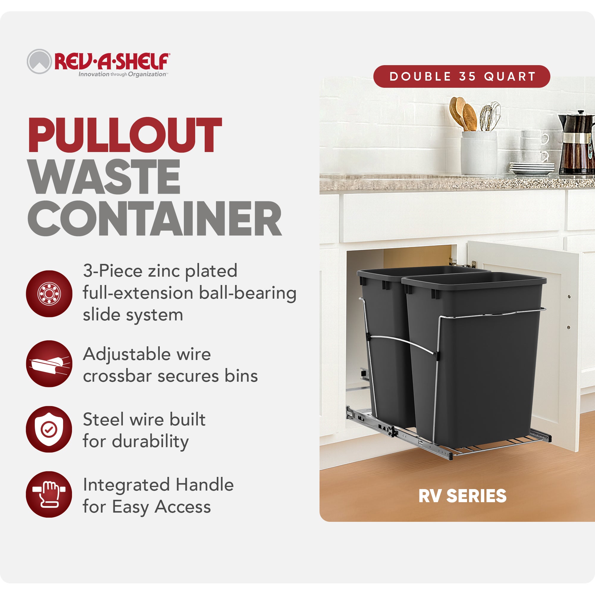 Rev-A-Shelf Double Pullout Trash Can 35 qt. for Kitchen, Black, RV-18KD-18C S