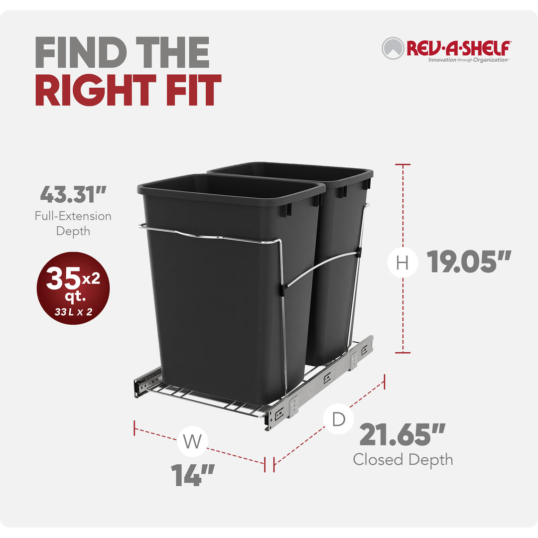 Rev-A-Shelf Double Pullout Trash Can 35 qt. for Kitchen, Black, RV-18KD-18C S