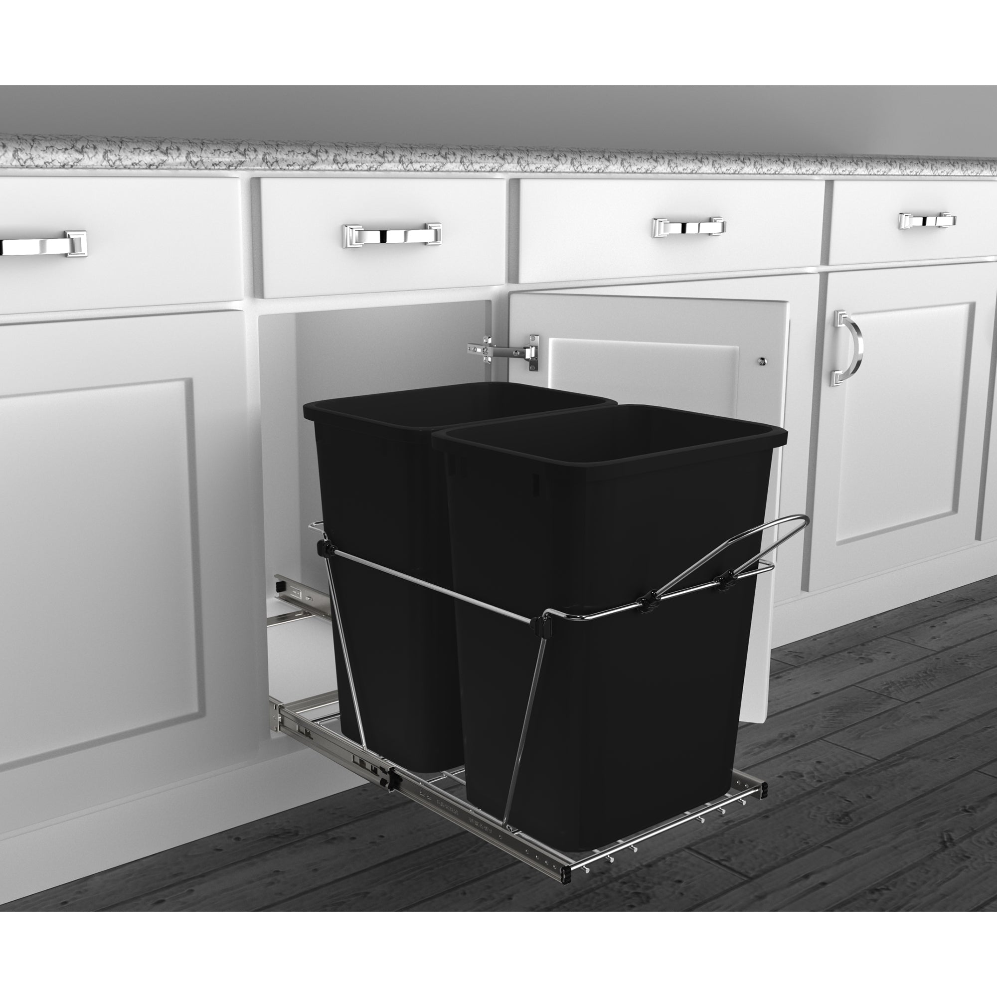 Rev-A-Shelf Double Pullout Trash Can 35 qt & Flip Top Waste Bin Lid