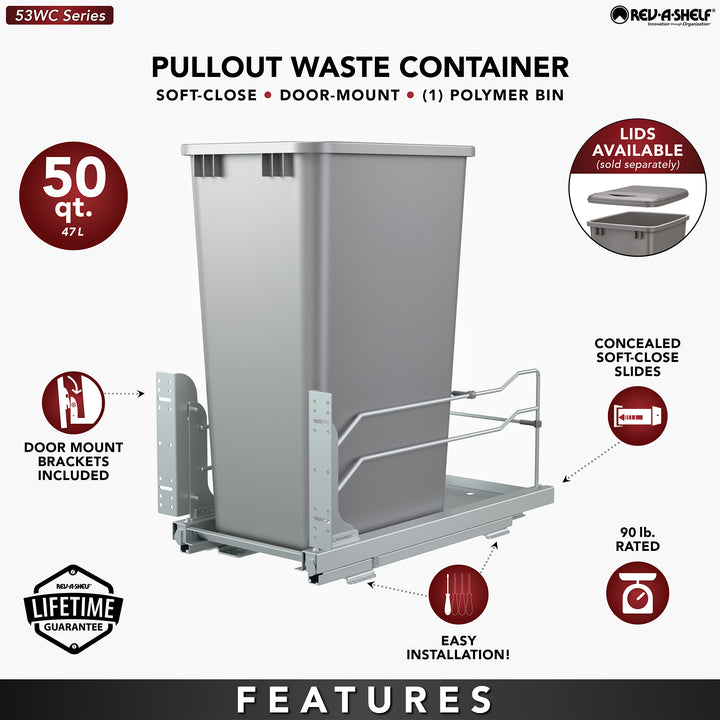 Rev-A-Shelf Pullout Kitchen Trash Can 50 qt. with Soft-close, 53WC-1550SCDM-117