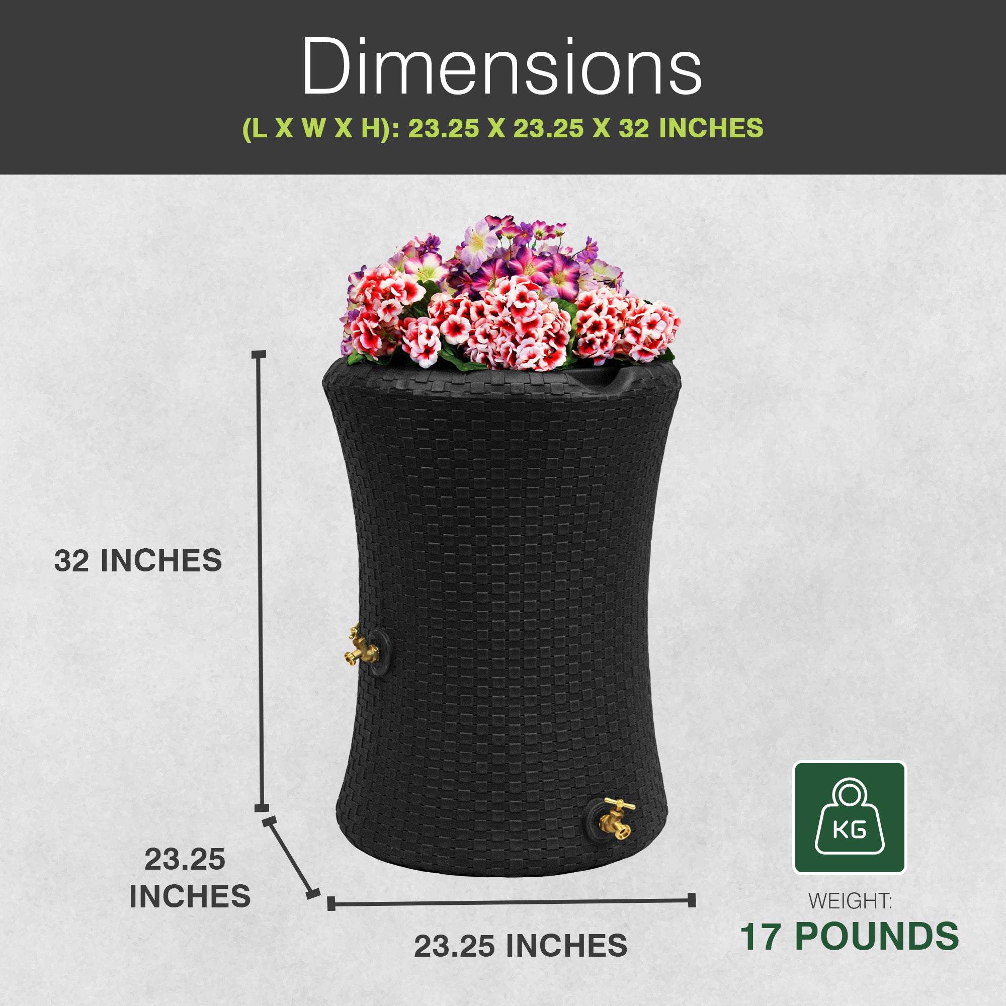 Good Ideas Impressions 50 Gal Nantucket Dual Spigot Rain Barrel Planter, Black
