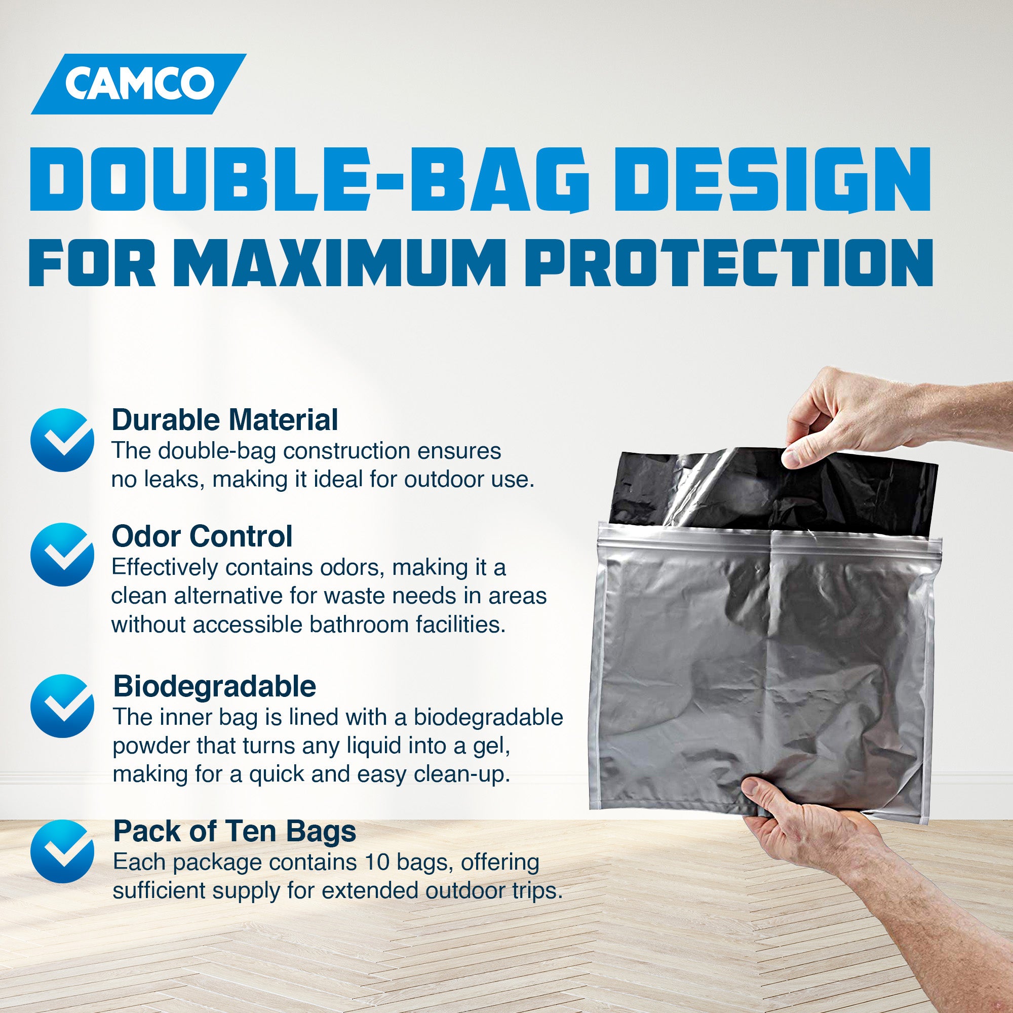 Camco 10 Pack Leak Proof Double Lined Camping Toilet Bucket Waste Bags, Black