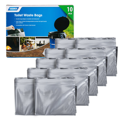 Camco 10 Pack Leak Proof Double Lined Camping Toilet Bucket Waste Bags, Black