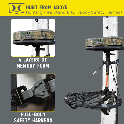 Hawk COMBAT Durable Steel Hang-On Hunting Tree Stand & Full-Body Safety Harness