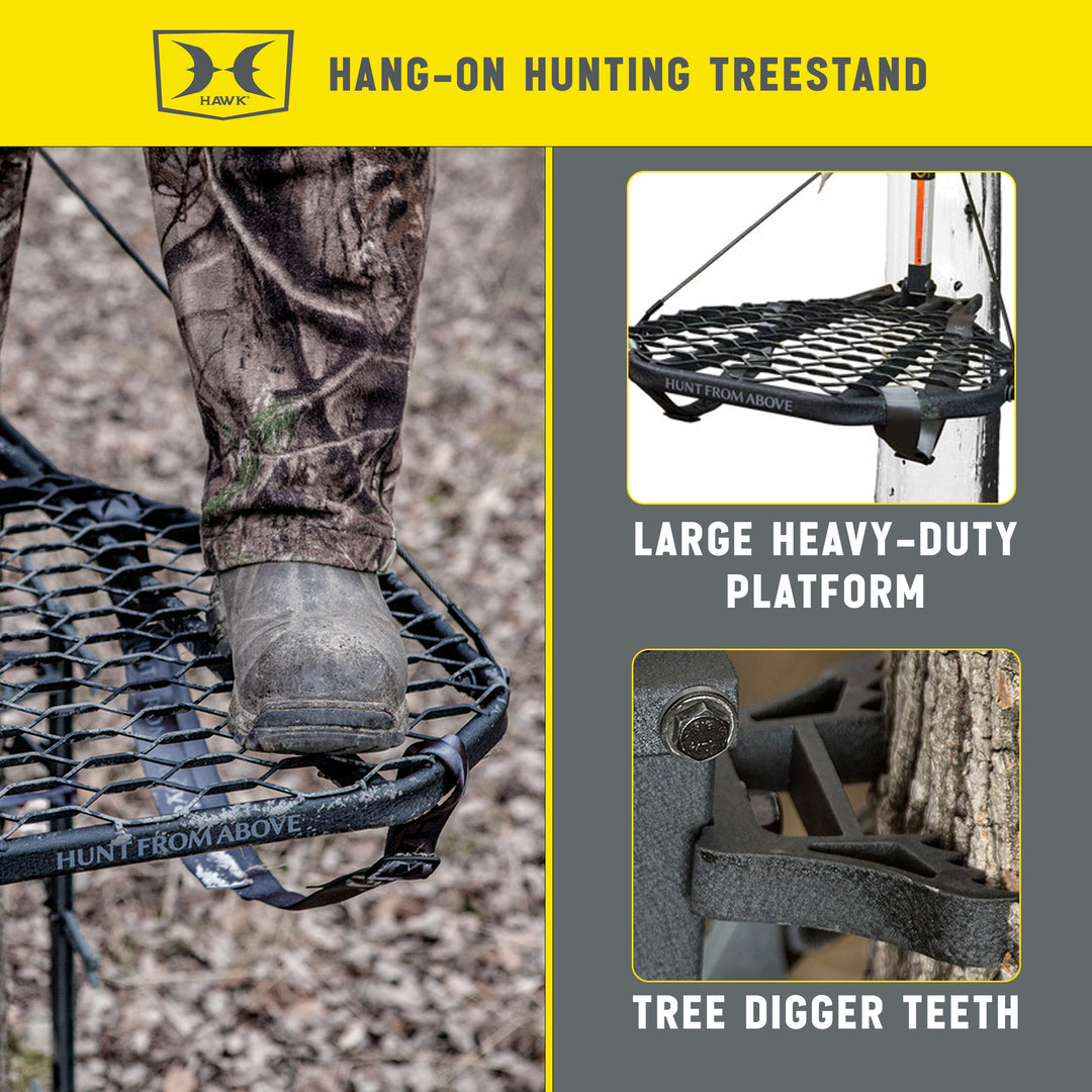 Hawk COMBAT Hang On Tree Stand, Deer Stand with 21 x 27" Saddle Hunting Platform