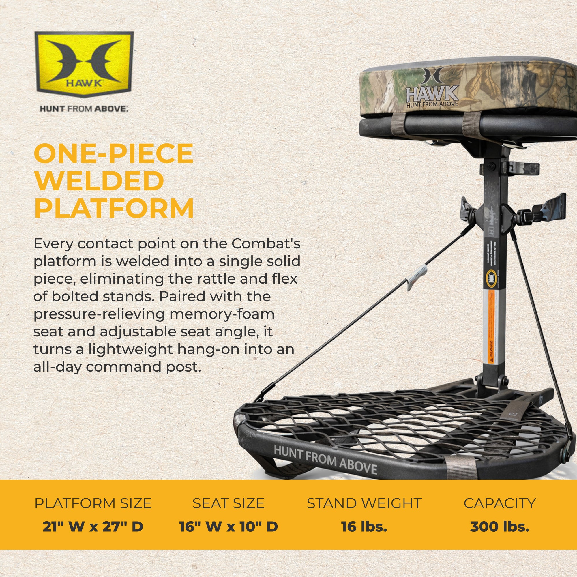 Hawk COMBAT Durable Steel Hang-On Hunting Tree Stand & Full-Body Safety Harness (Refurbished)