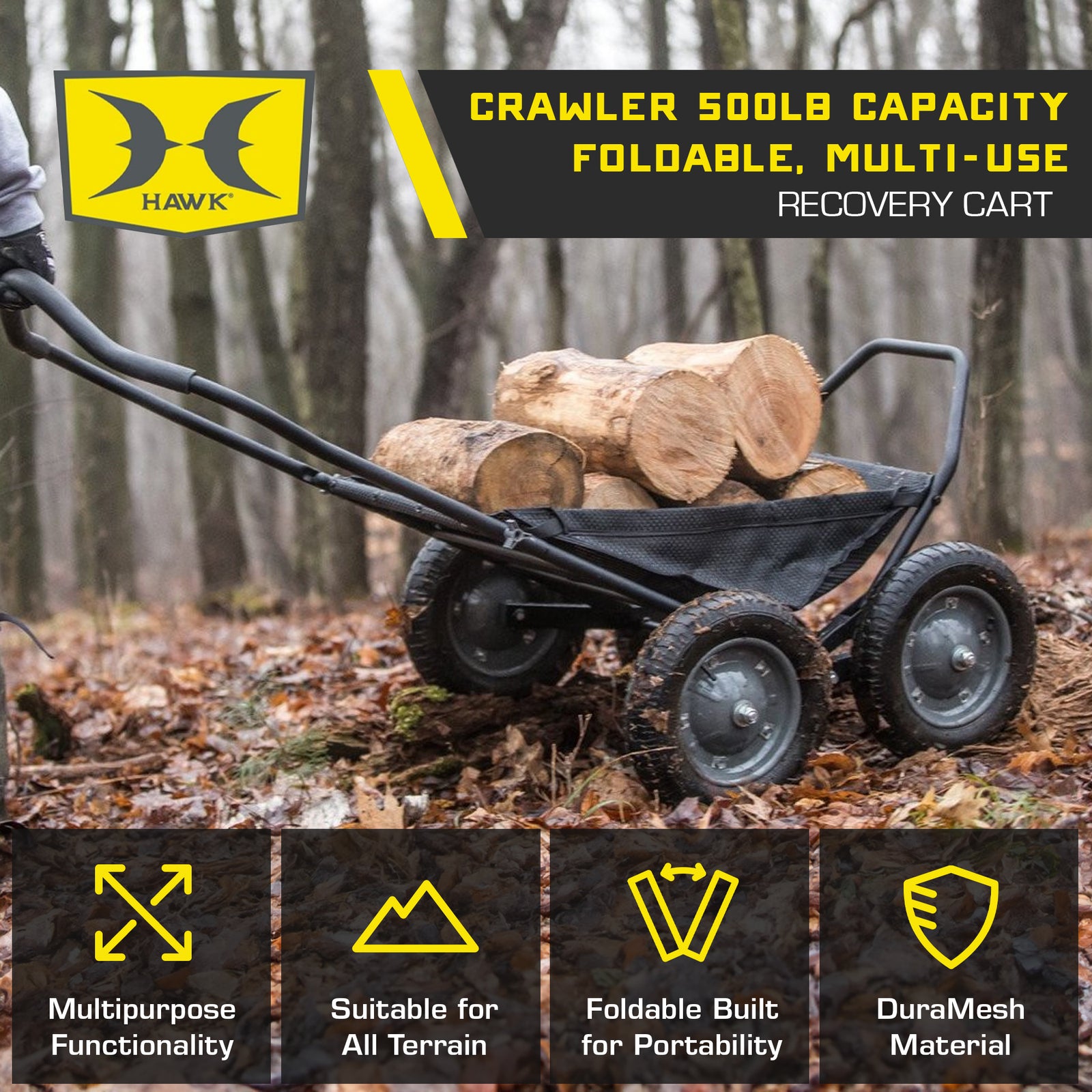 Hawk Crawler Multi-Use Folding Cart, Hunting Fishing Cart, 500lb Capacity, Black - VMInnovations