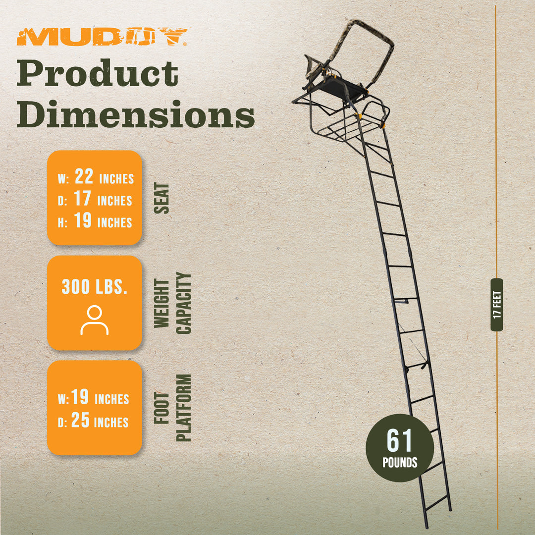 Muddy Huntsman Deluxe 17 Foot Hunting Ladderstand, 1 Person Climbing Tree Stand - VMInnovations