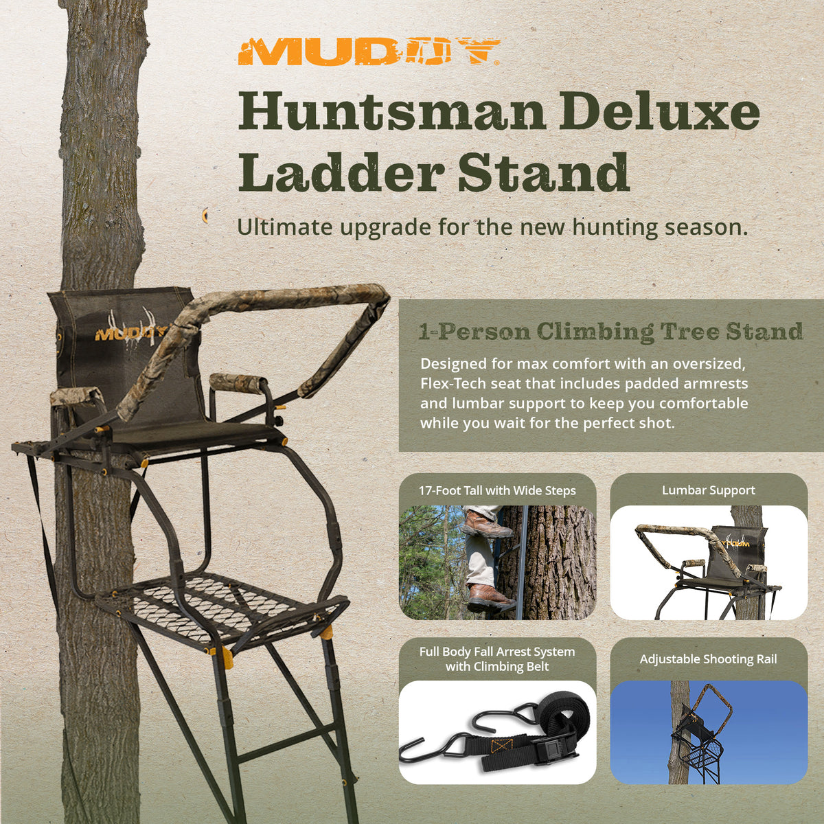 Muddy Huntsman Deluxe 17 Ft 1 Person Hunting Ladder Tree Stand, Black(For Parts)