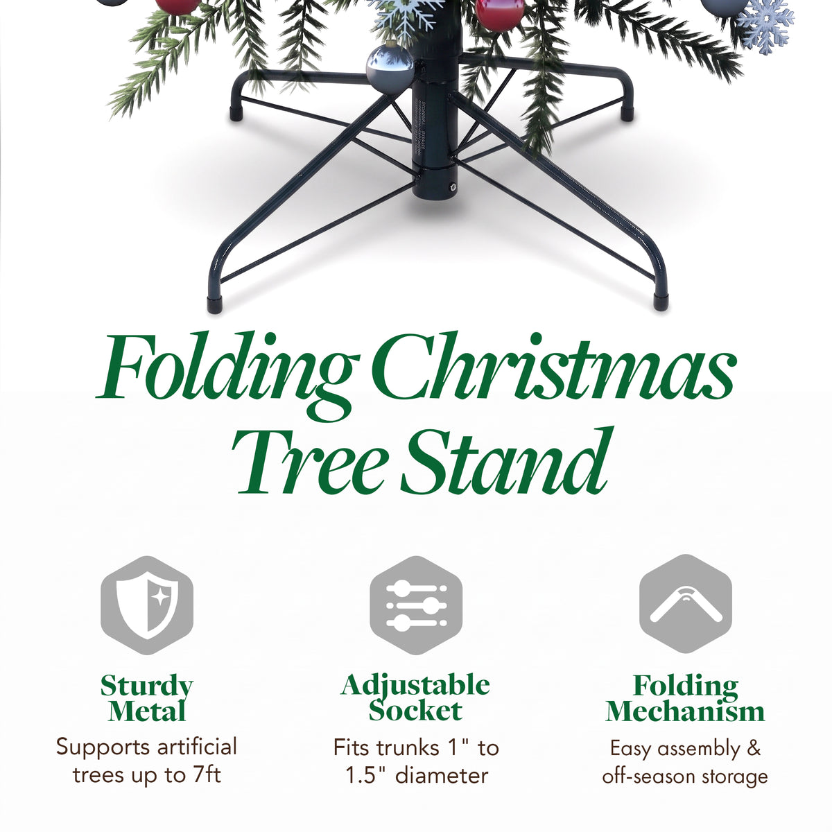 Home Heritage 1-1.5" Artificial Christmas Tree Base Folding Metal Stand, Green - VMInnovations