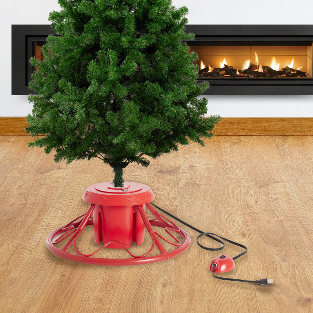 Home Heritage 1-1.75" Artificial Christmas Tree Base Rotating Metal Stand, Red - VMInnovations