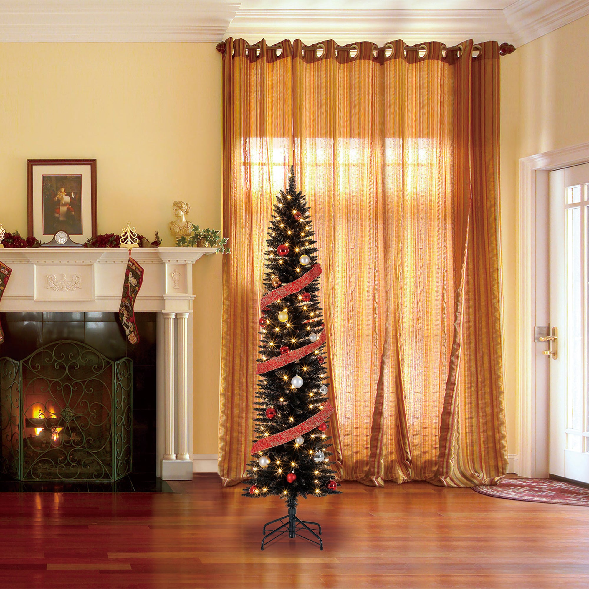 Home Heritage 7 Ft Pencil Artificial Tree with White LED Lights, Black (Used) - VMInnovations