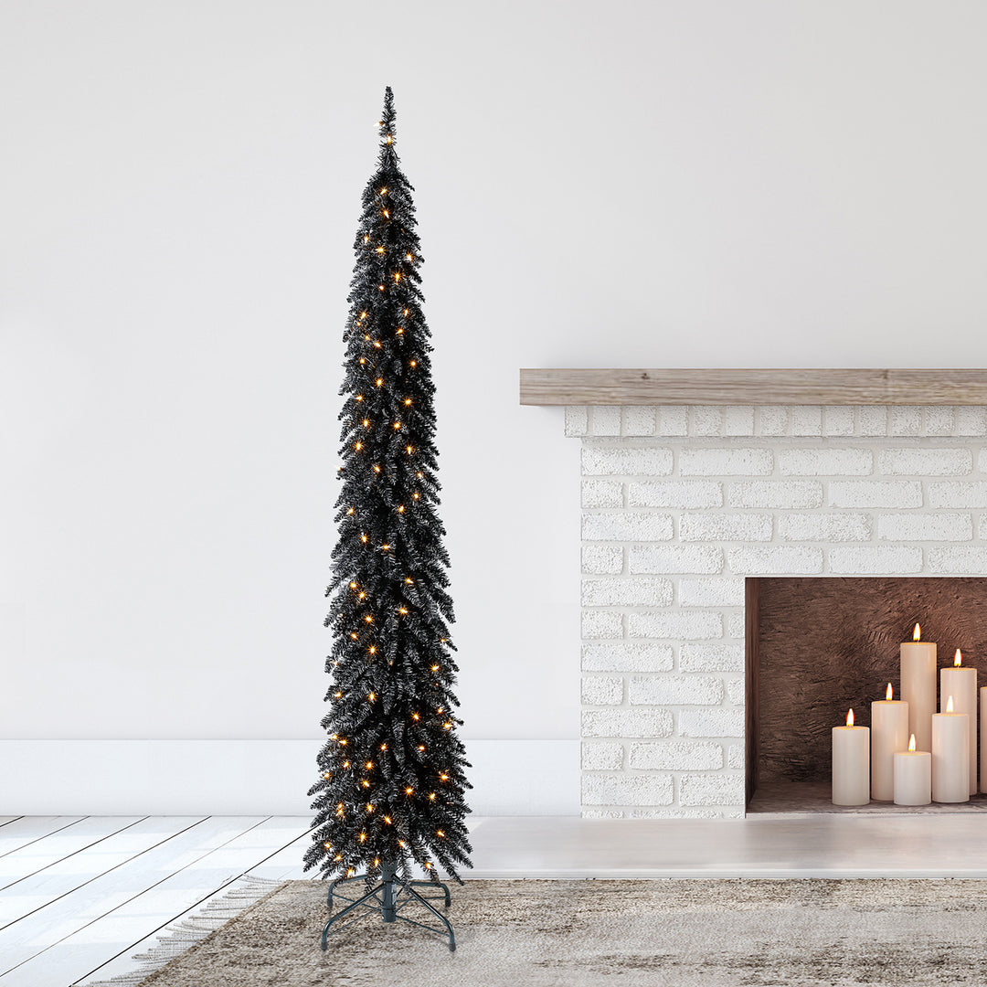 Home Heritage 7 Ft Pencil Artificial Tree with White LED Lights, Black (Used)