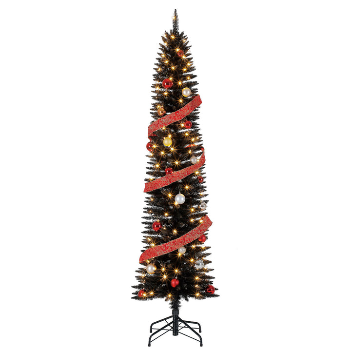 Home Heritage 7 Ft Pencil Artificial Tree with White LED Lights, Black (Used)