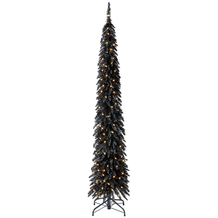 Home Heritage 7 Ft Pencil Artificial Tree with White LED Lights, Black (Used)