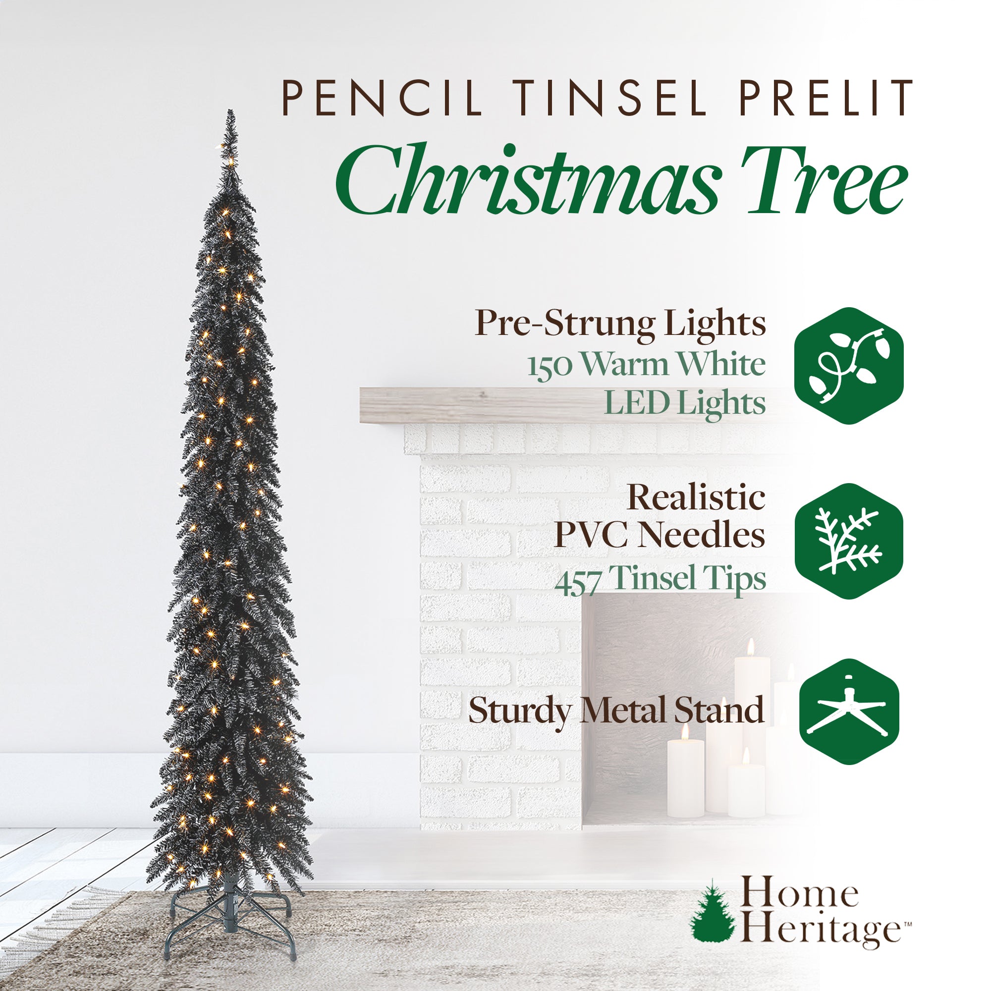 Home Heritage 7 Ft Pencil Artificial Tree with White LED Lights, Black (Used) - VMInnovations