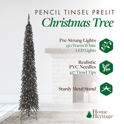 Home Heritage 7 Ft Pencil Artificial Tree with LED Lights, Black (Open Box) - VMInnovations
