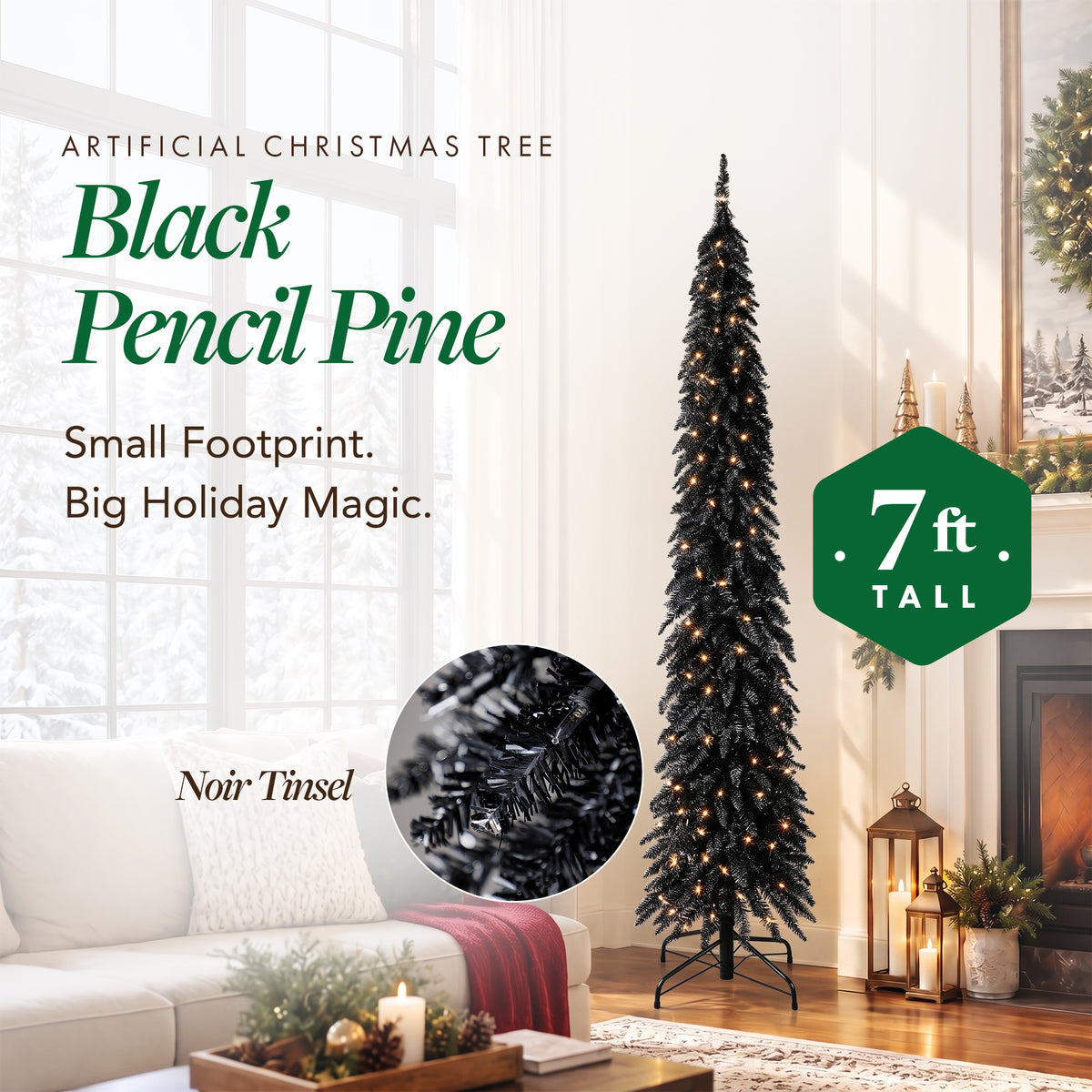 Home Heritage Tinsel 7' Pencil 150 LED Pre-Lit Artificial Christmas Tree, Black