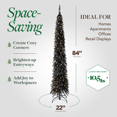 Home Heritage Tinsel 7' Pencil 150 LED Pre-Lit Artificial Christmas Tree, Black