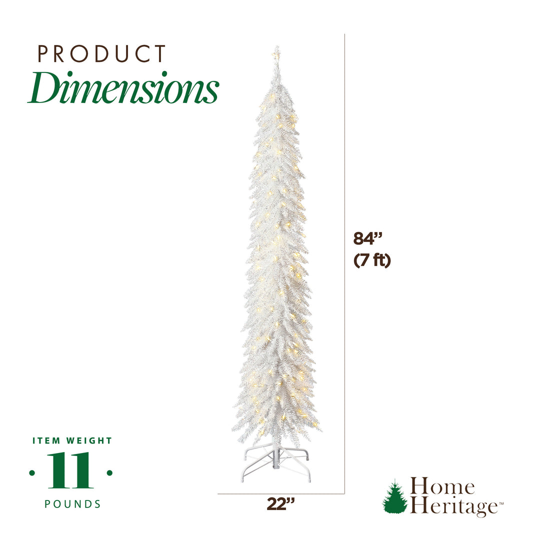 Home Heritage Tinsel 7' Pencil 150 LED Pre-Lit Artificial Christmas Tree, White