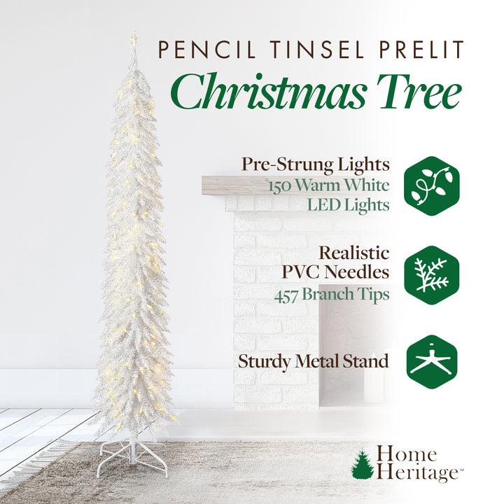 Home Heritage Tinsel 7' Pencil 150 LED Pre-Lit Artificial Christmas Tree, White