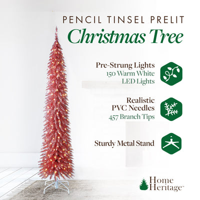 Home Heritage Tinsel 7' Pencil 150 LED Pre-Lit Artificial Christmas Tree, Pink