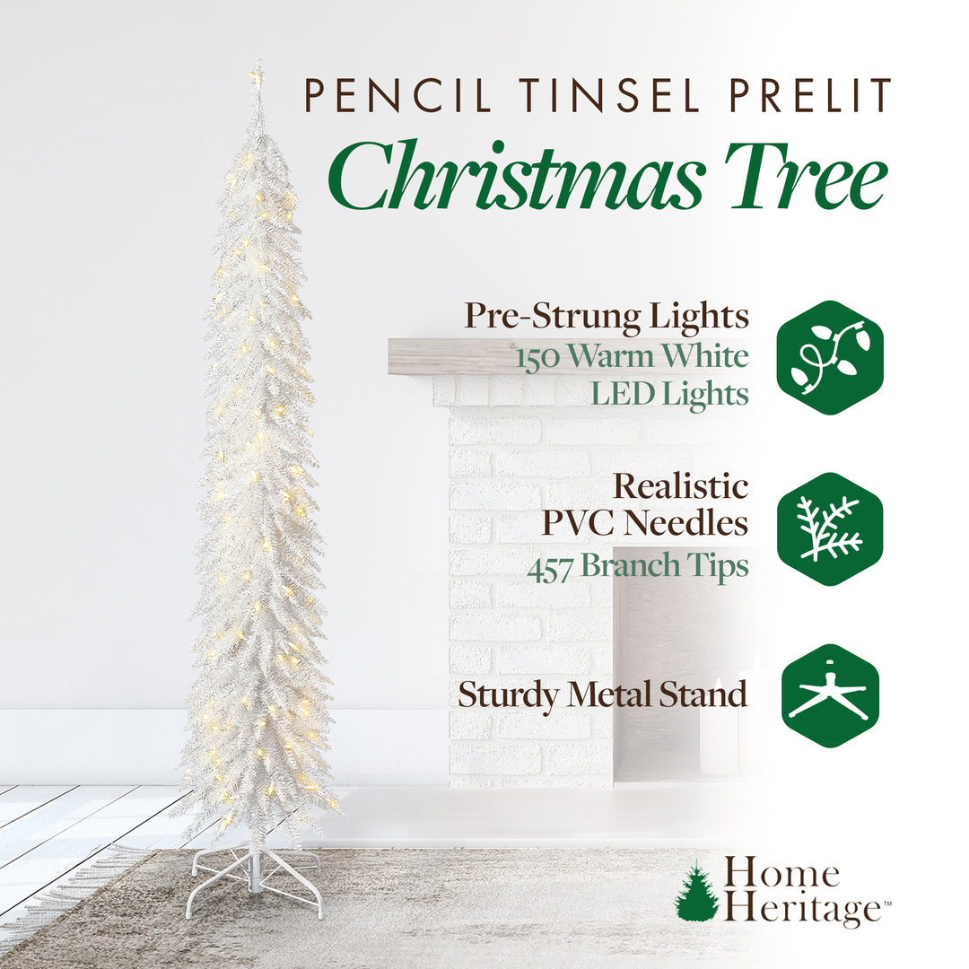 Home Heritage Tinsel 7' Pencil 150 LED Pre-Lit Artificial Christmas Tree, White