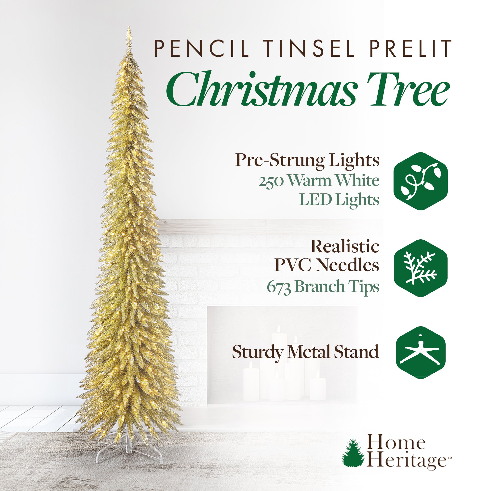 Evergreen Classics 9' Pencil Pine Christmas Tree, 250 White LED Lights (Used) - VMInnovations