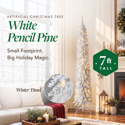 Home Heritage Tinsel 7' Pencil 150 LED Pre-Lit Artificial Christmas Tree, White - VMInnovations