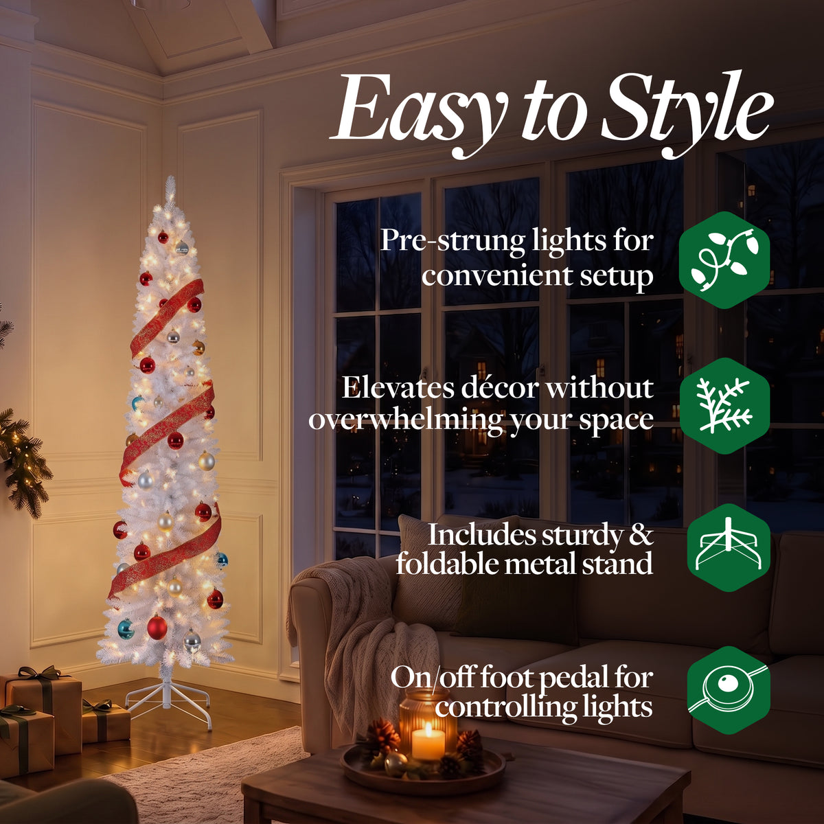 Home Heritage Tinsel 7' Pencil 150 LED Pre-Lit Artificial Christmas Tree, White - VMInnovations