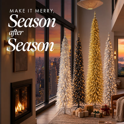Home Heritage Tinsel 7' Pencil 150 LED Pre-Lit Artificial Christmas Tree, White - VMInnovations