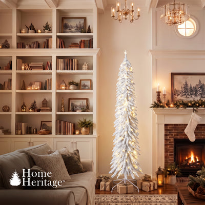 Home Heritage Tinsel 7' Pencil 150 LED Pre-Lit Artificial Christmas Tree, White - VMInnovations