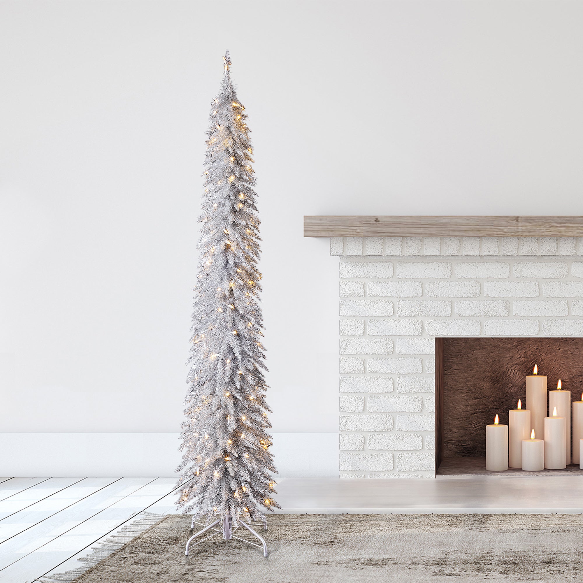 Home Heritage 7 Foot Pencil Artificial Tree with White LED Lights, Silver (Used) - VMInnovations