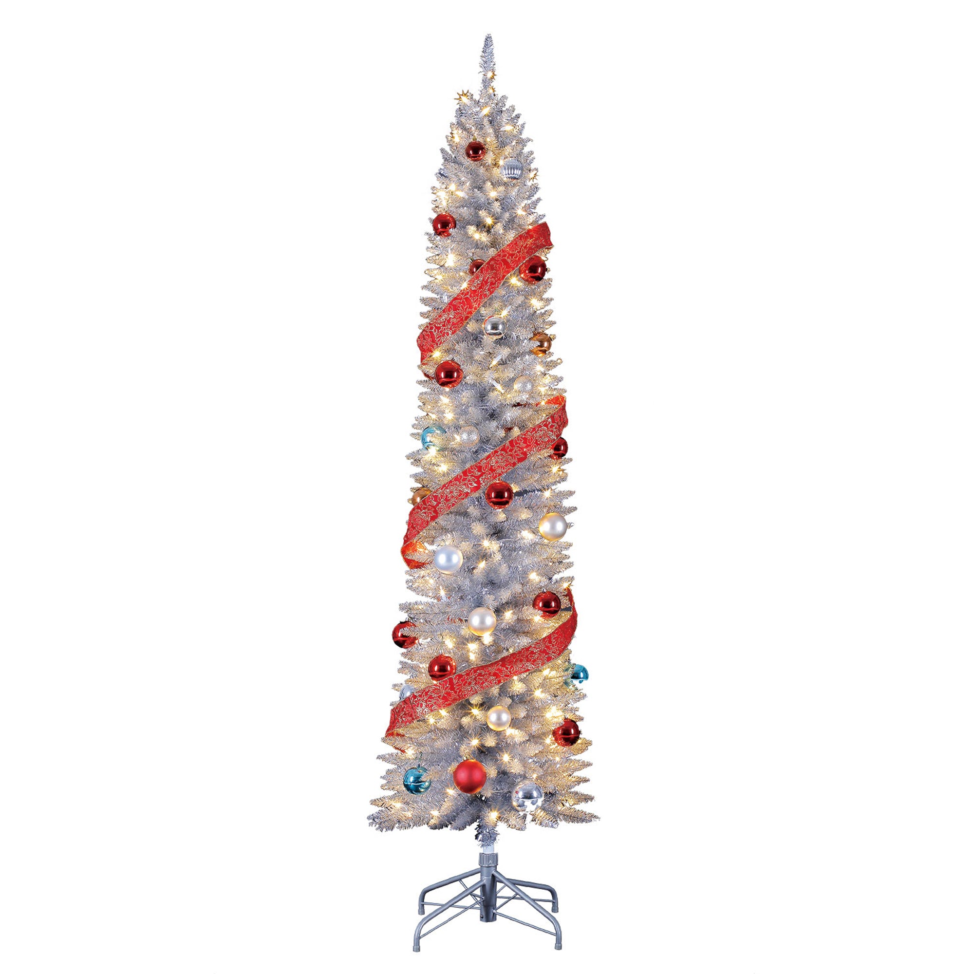 Home Heritage 7 Foot Pencil Artificial Tree with White LED Lights, Silver (Used) - VMInnovations