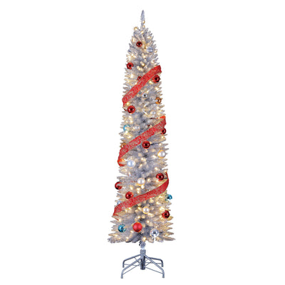 Home Heritage 7 Foot Pencil Artificial Tree with White LED Lights, Silver (Used) - VMInnovations