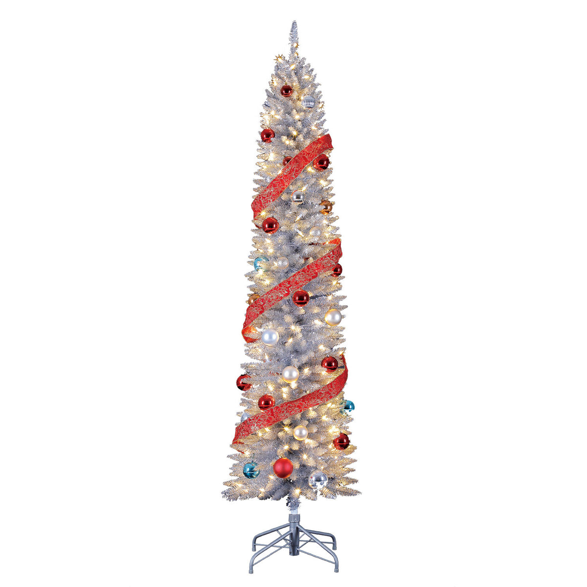 Home Heritage 7 Ft Pencil Artificial Tree, White LED Lights, Silver (For Parts)