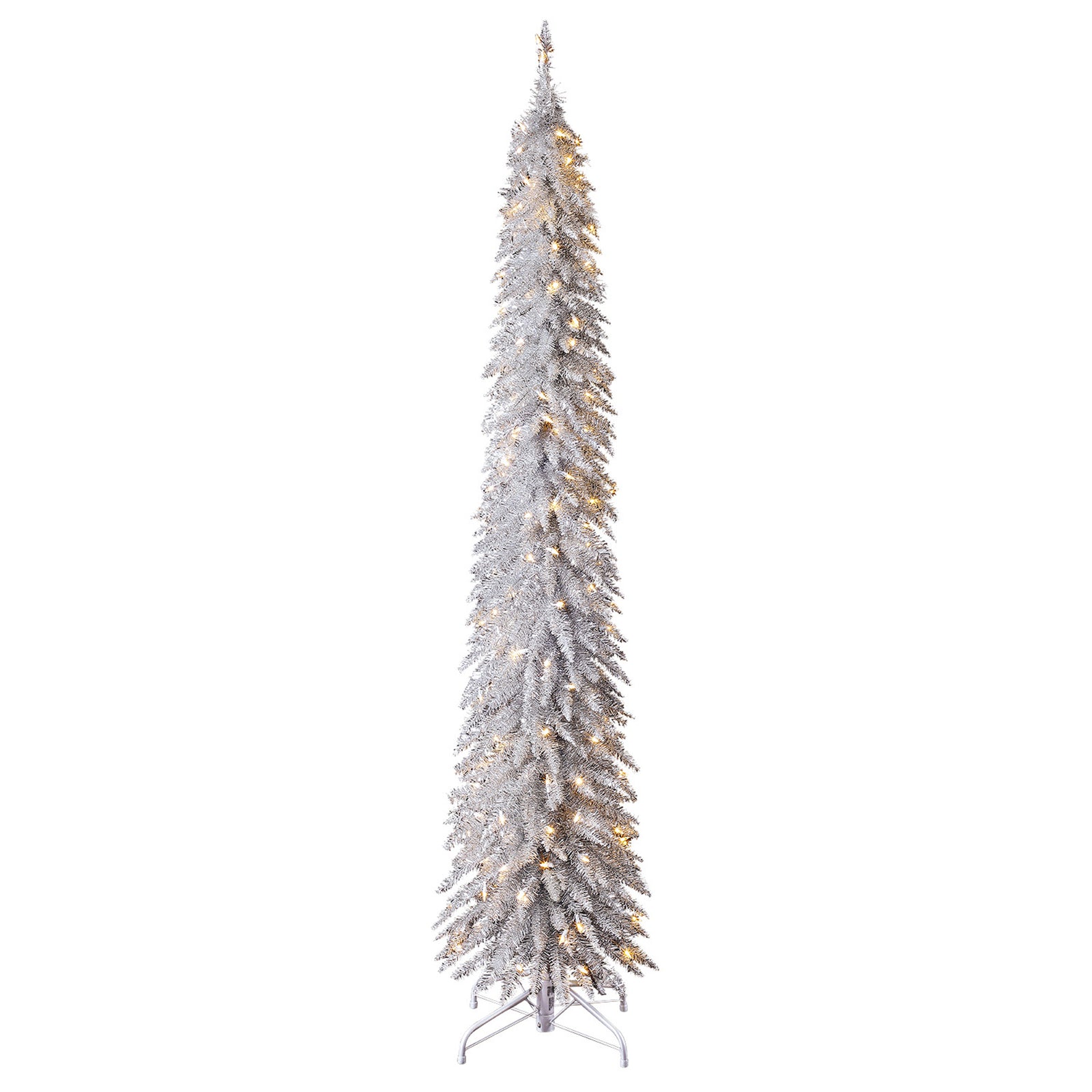 Home Heritage Tinsel 7' Pencil 150 LED Pre-Lit Artificial Christmas Tree, Silver - VMInnovations