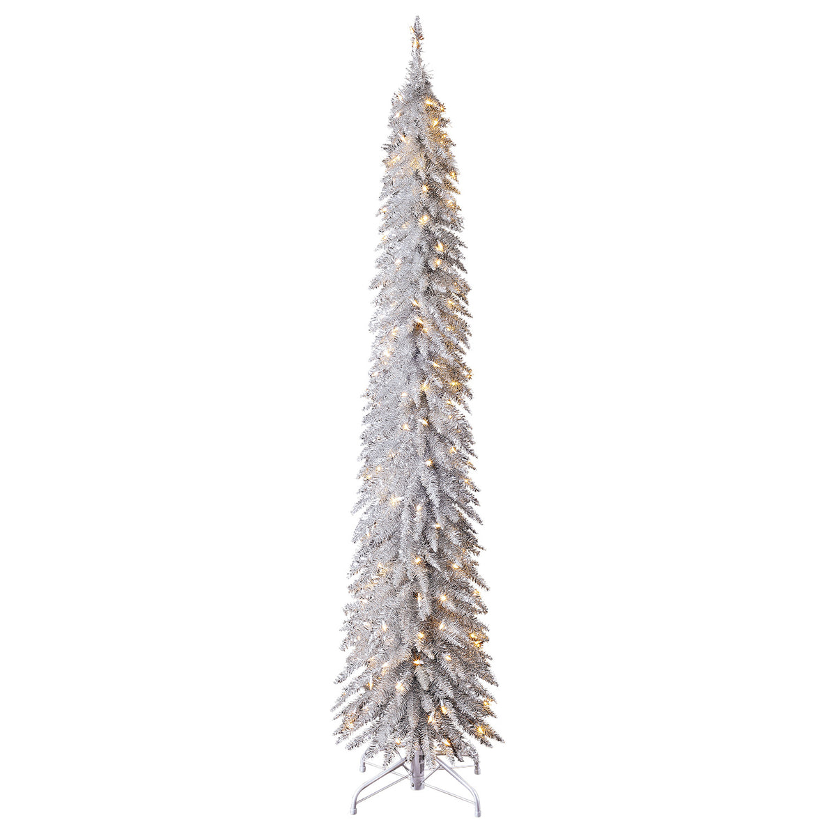 Home Heritage 7 Ft Pencil Artificial Tree, White LED Lights, Silver (For Parts)