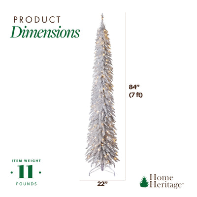 Home Heritage 7 Foot Pencil Artificial Tree with White LED Lights, Silver (Used)