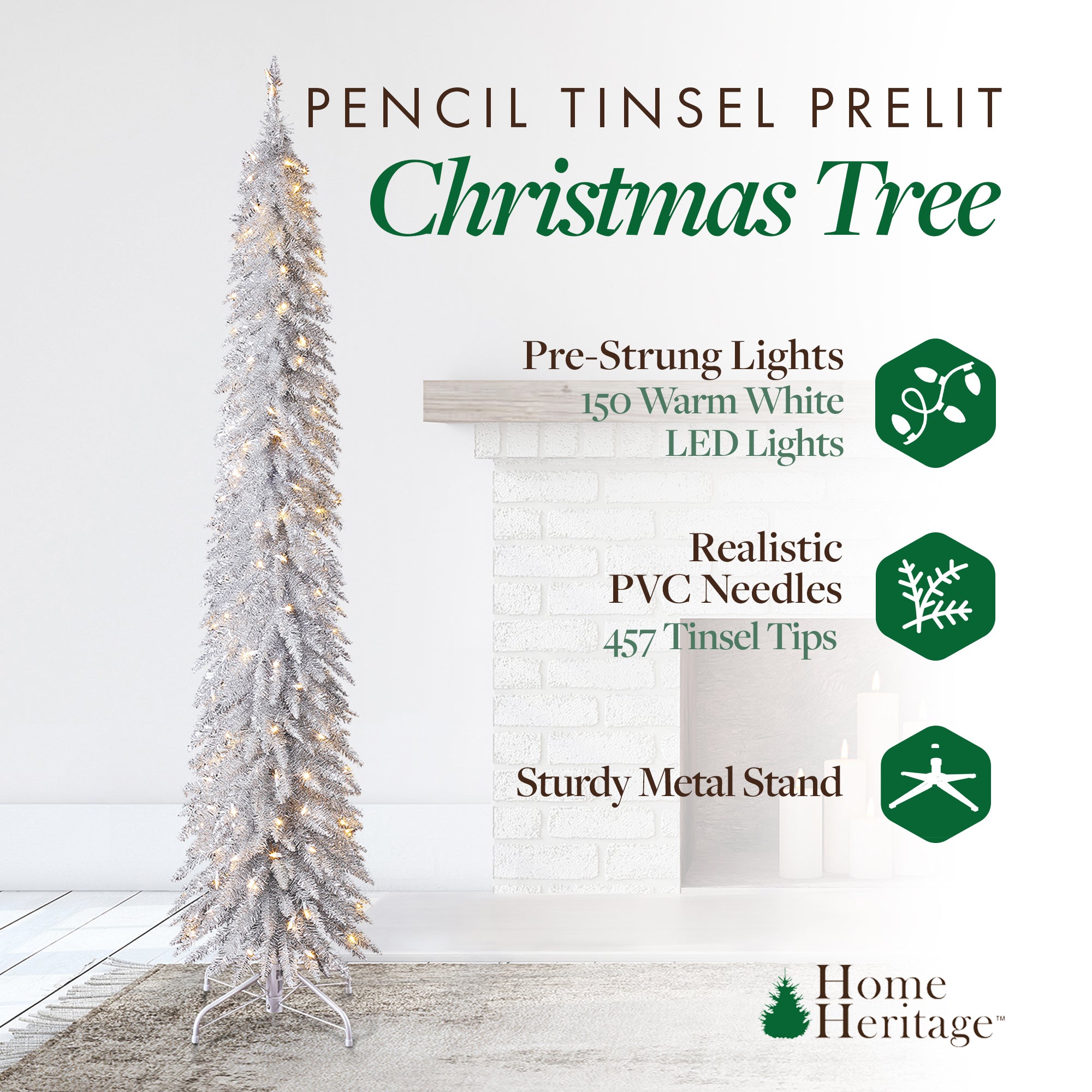 Home Heritage 7 Foot Pencil Artificial Tree with White LED Lights, Silver (Used) - VMInnovations