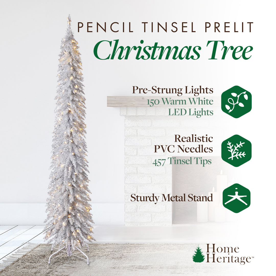 Home Heritage 7 Foot Pencil Artificial Tree with White LED Lights, Silver (Used)