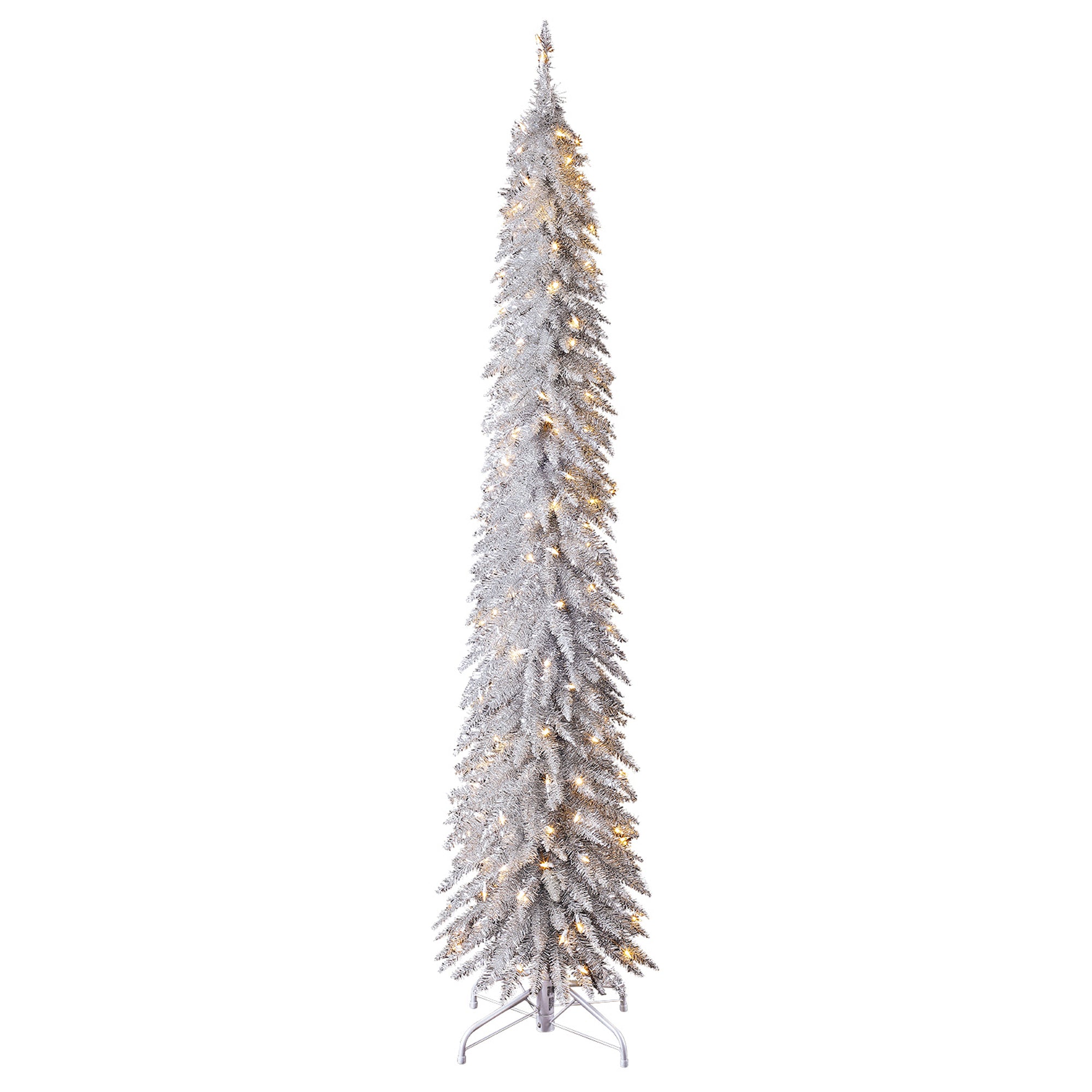 Home Heritage 7 Foot Pencil Artificial Tree with White LED Lights, Silver (Used) - VMInnovations